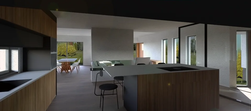 Visualização de um interior, com cozinha e zona de estar