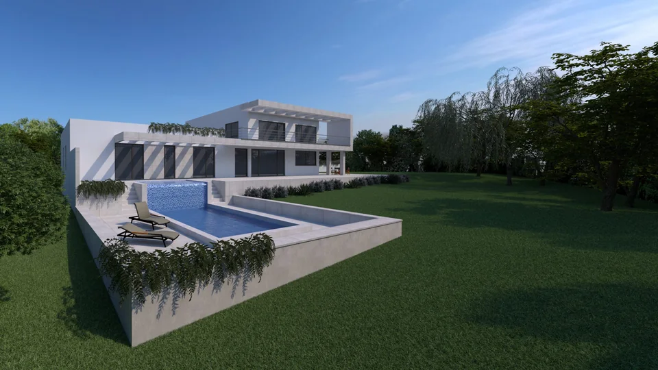Visualização arquitetónica de habitação unifamiliar com piscina e jardim