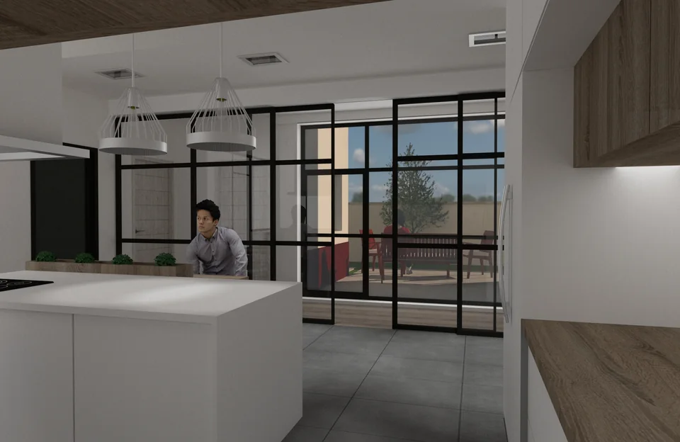 Visualização de uma cozinha e pátio interior com divisórias envidraçadas